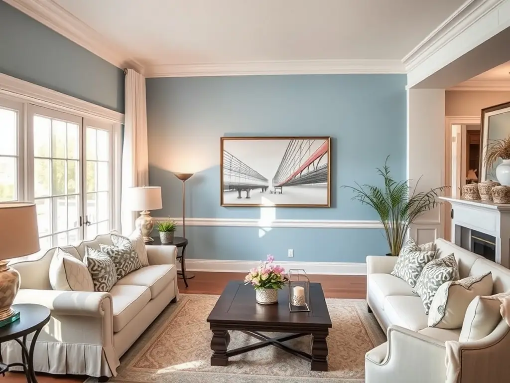 A beautifully painted living room with natural light highlighting the smooth finish, showcasing All Painting Plus 2 LLC's interior painting expertise.