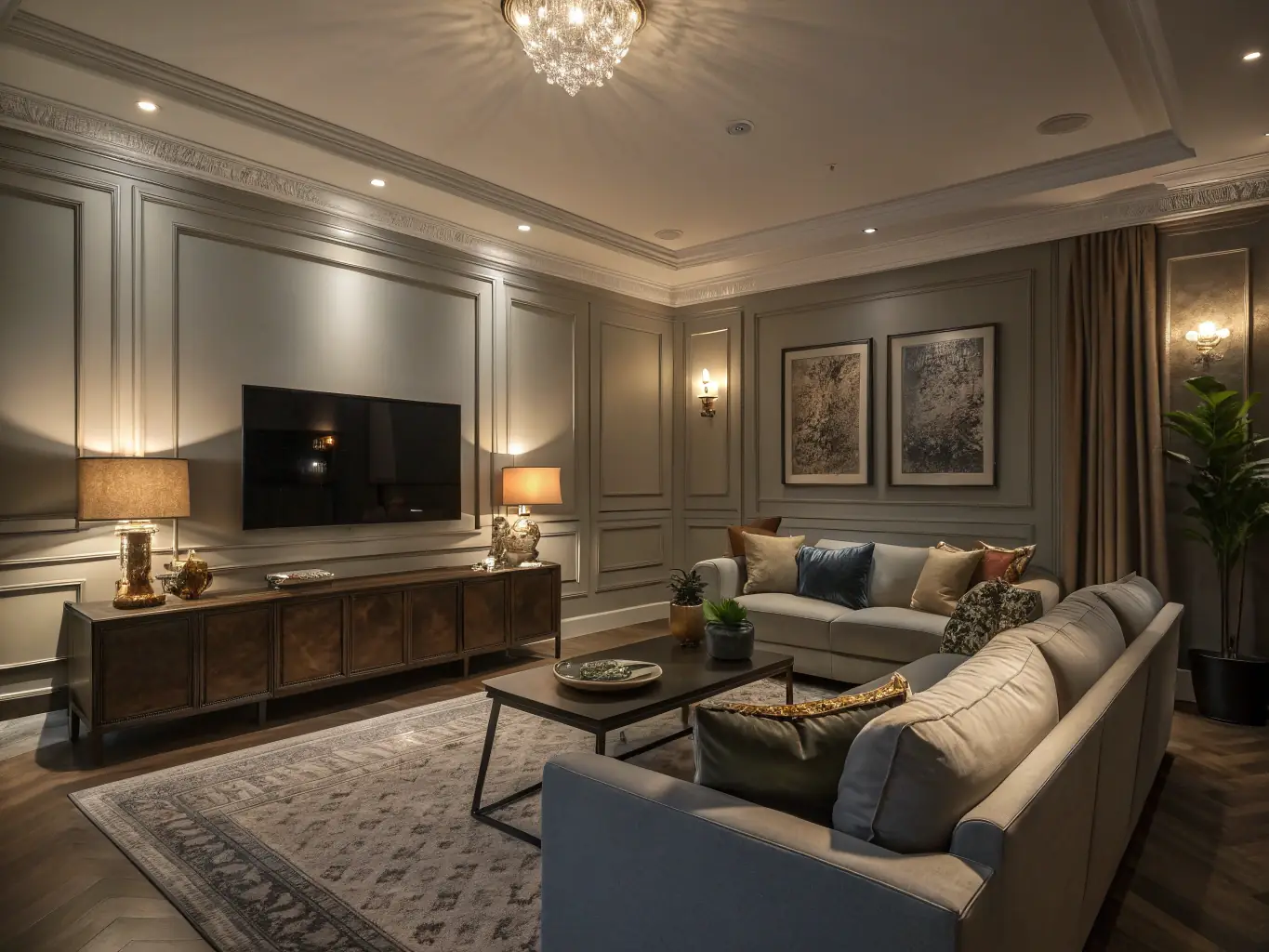 A vibrant image showing a beautifully painted living room and a freshly painted building exterior, representing the interior and exterior painting services offered by All Painting Plus 2 LLC.