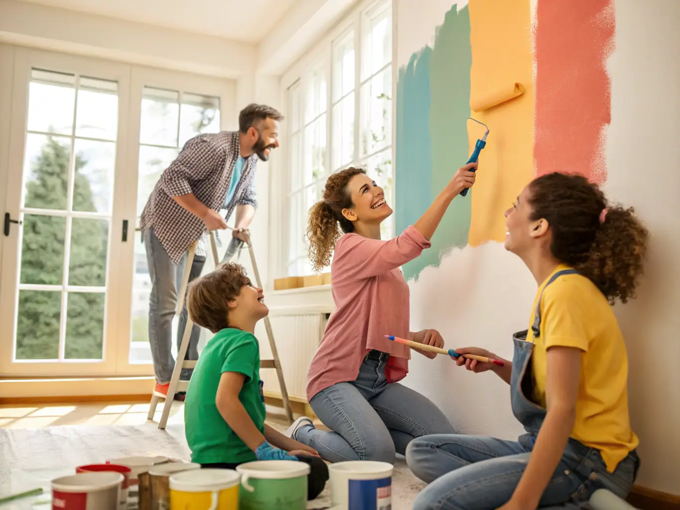 A photograph showcasing a family working together on a painting project, symbolizing the family-owned aspect of All Painting Plus 2 LLC and their collaborative approach to delivering quality painting services.