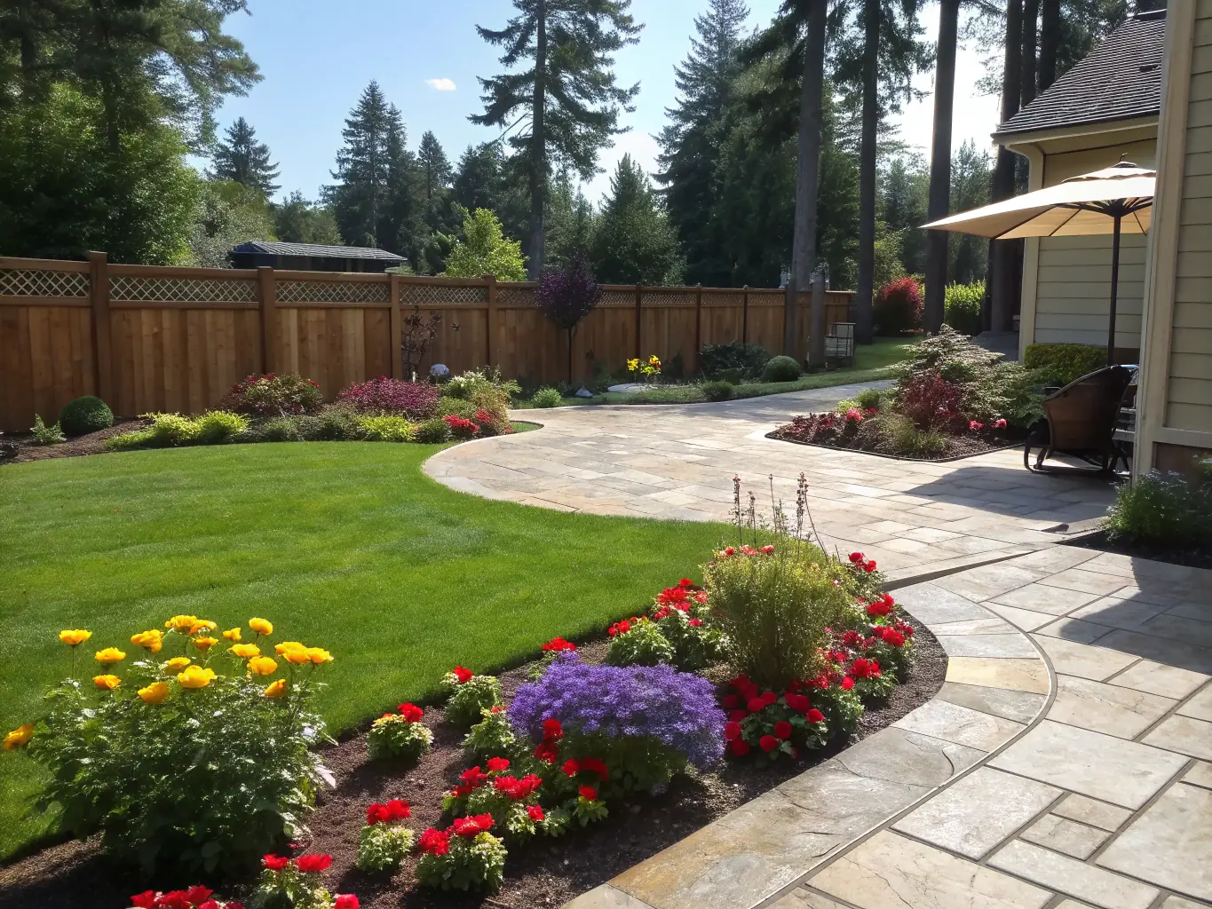 A sunny backyard showing a stained deck and fence with rich, vibrant colors, illustrating the deck and fence staining services offered by All Painting Plus 2 LLC.