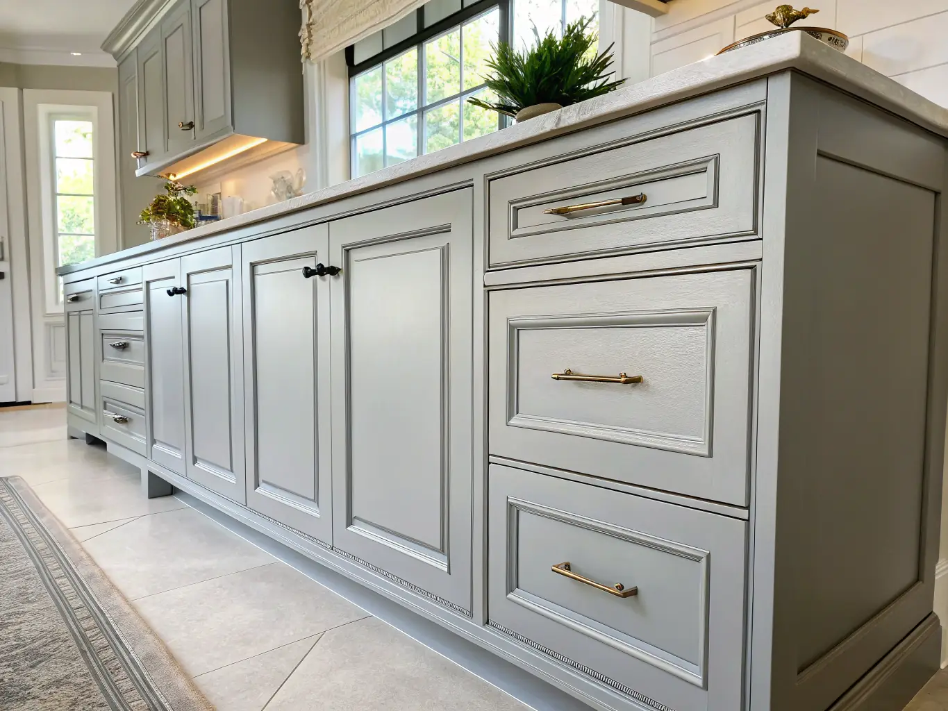 Close-up of a kitchen cabinet being sanded and painted with a sleek finish, showcasing the cabinet refinishing services provided by All Painting Plus 2 LLC.